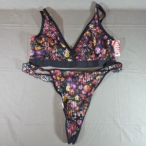 Parade Womens Black Floral Print Plus Size Bra & Thong Panty Set 3XL